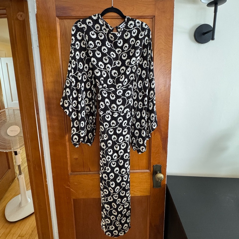 RIXO Silk Black and Cream Floral Dress